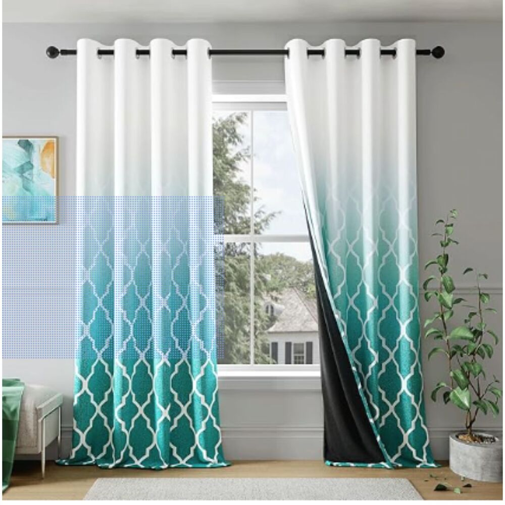 Metro Parlor Teal White Ombre Moroccan Blackout Curtains 2 Panels 52x84”